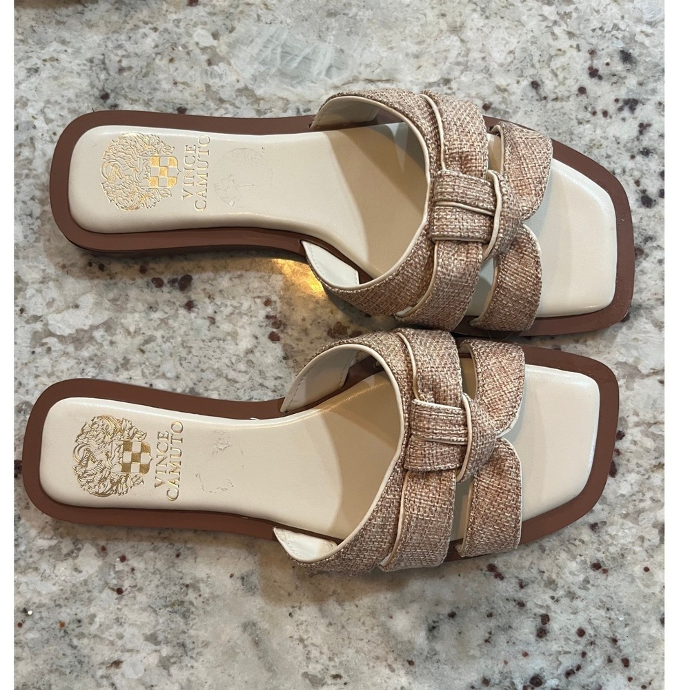Vince Camuto Byrdy Women Tan Woven Raffia Square Toe Slide Sandals Size 7M